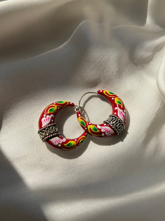 Hand-Painted Red Crescent Earrings