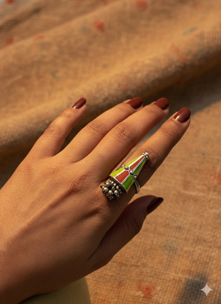 Red & Green Geometric Enamel Ring