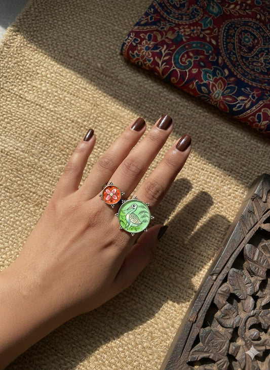 Hand-Painted Bird & Flower Double Ring