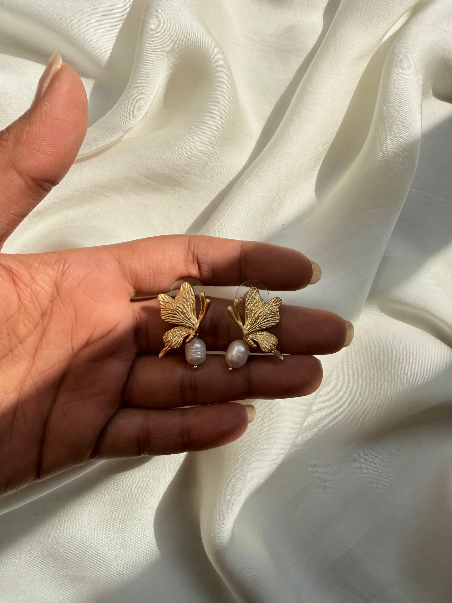 Gilded Butterfly Pearl Studs Earrings