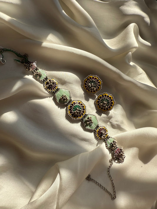 Mint Geometric Enamel Choker Set