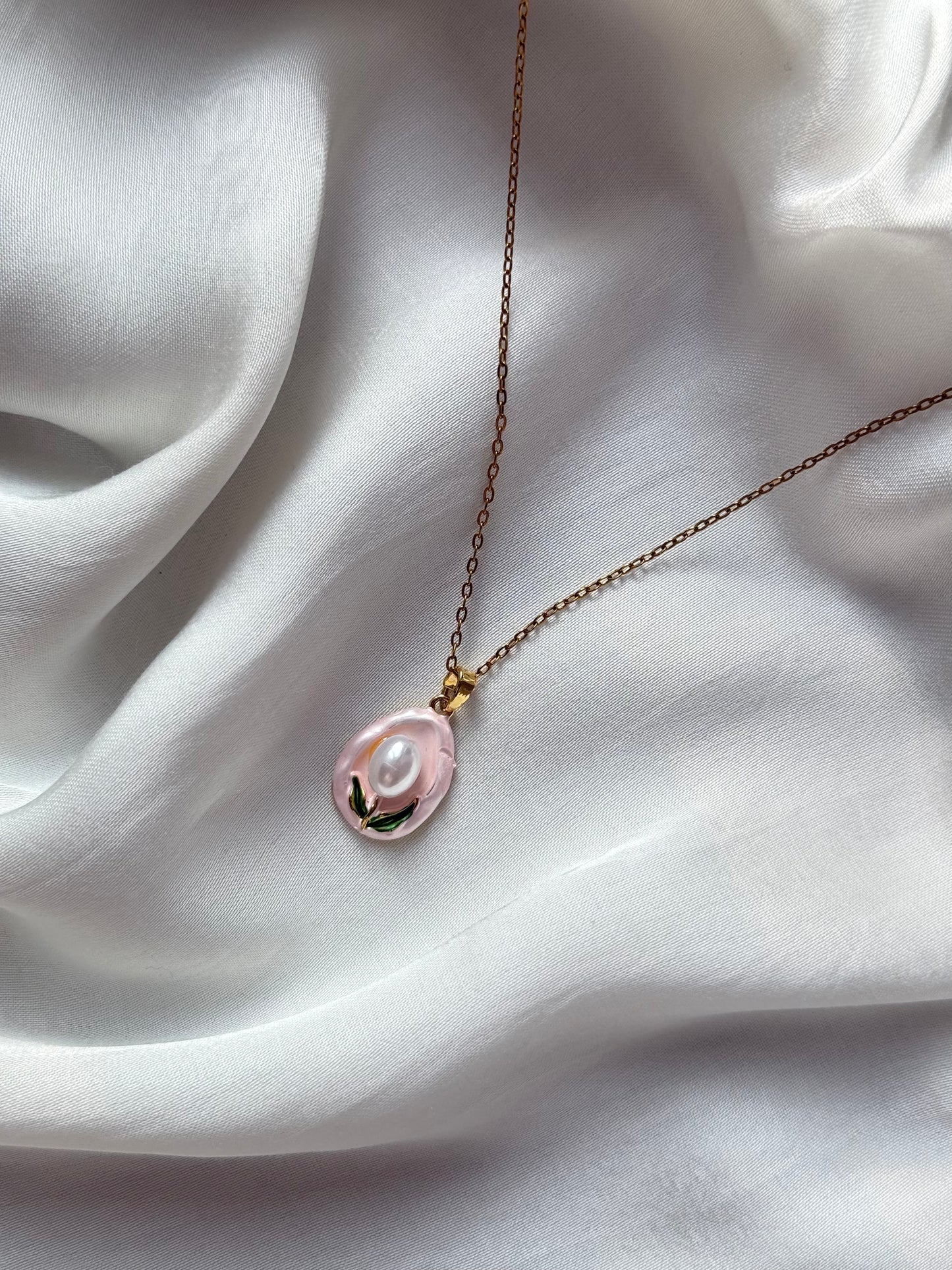 Pink Enamel & Pearl Pendant Necklace