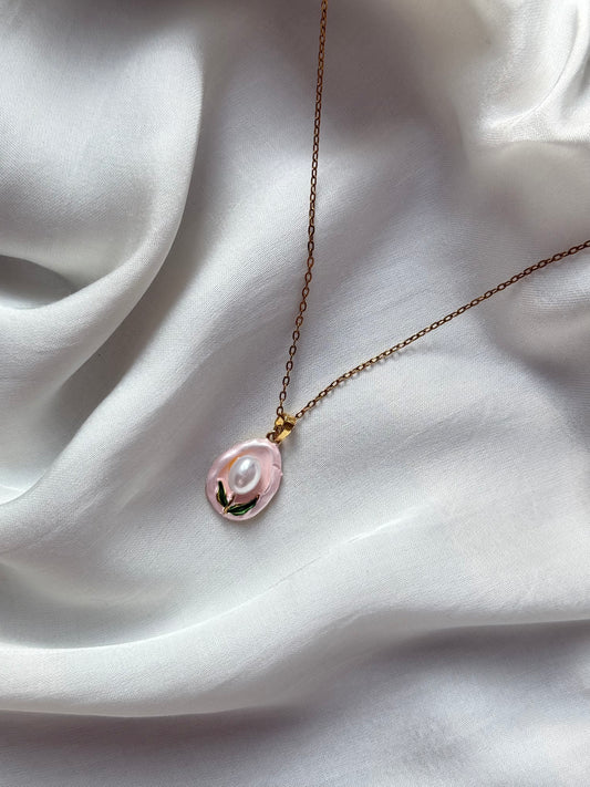 Pink Enamel & Pearl Pendant Necklace