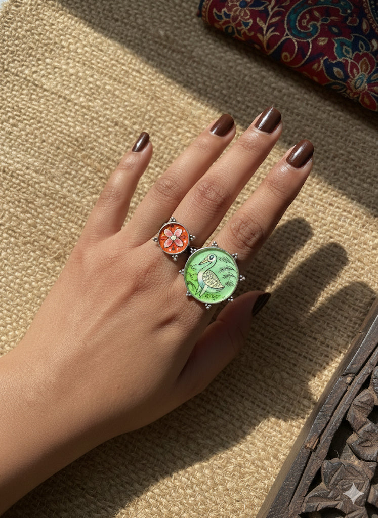 Hand-Painted Bird & Flower Double Ring