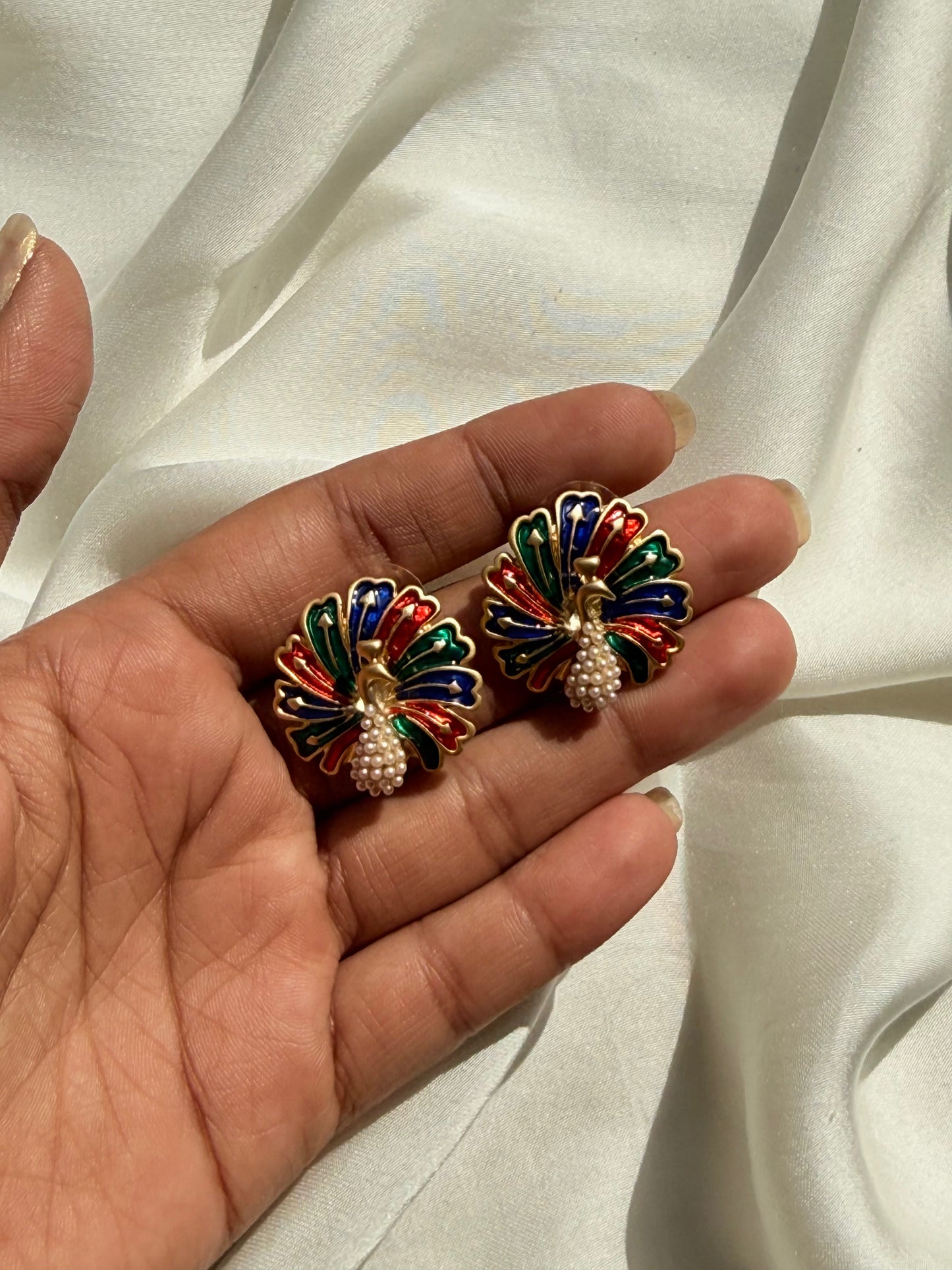 Vibrant Enamel Peacock Studs