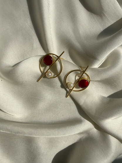 Abstract Red Pearl Bar Studs