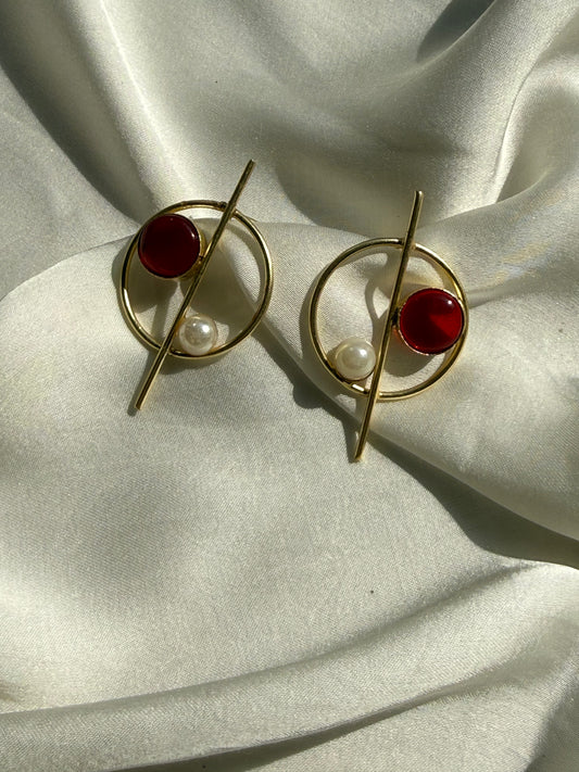 Abstract Red Pearl Bar Studs