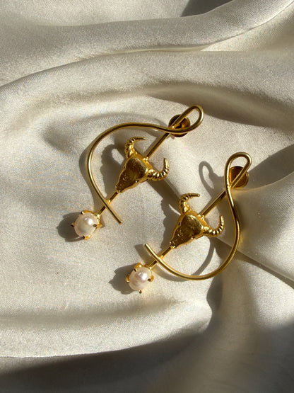 Abstract Bull's Head Pearl Earrings