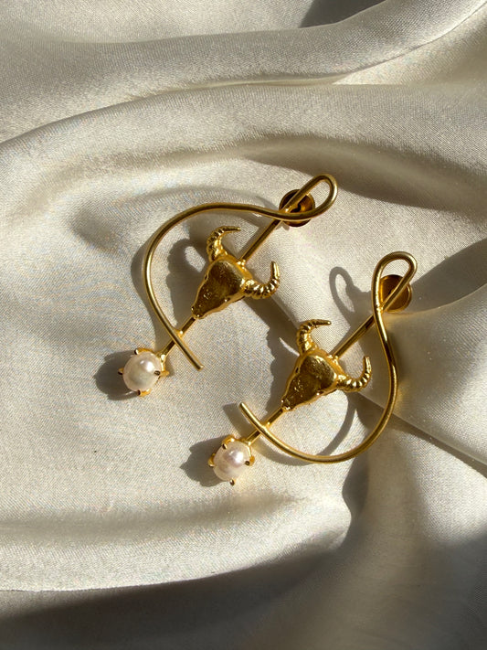 Abstract Bull's Head Pearl Earrings