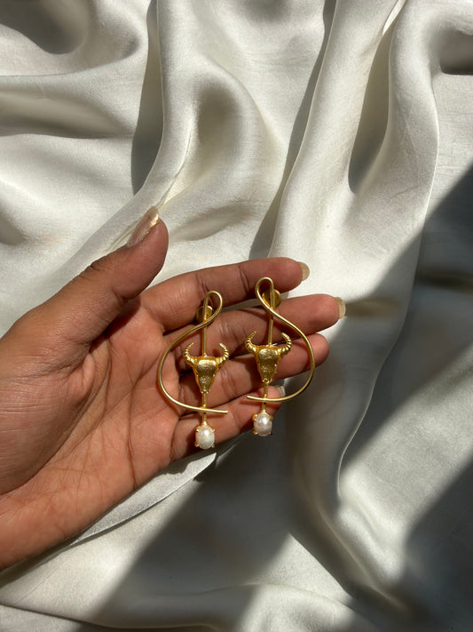 Abstract Bull's Head Pearl Earrings