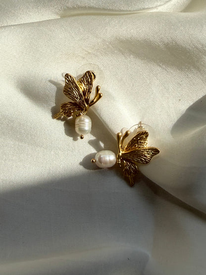 Gilded Butterfly Pearl Studs Earrings